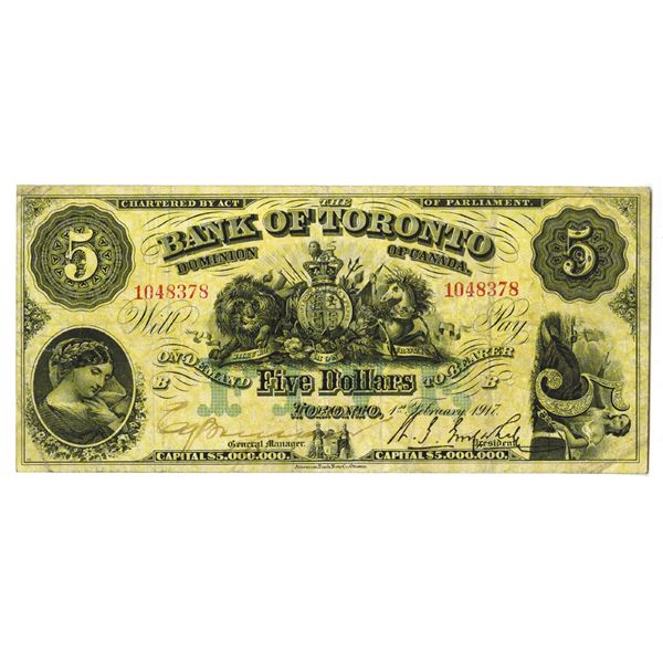 Bank of Toronto. 1917 Issue Banknote.