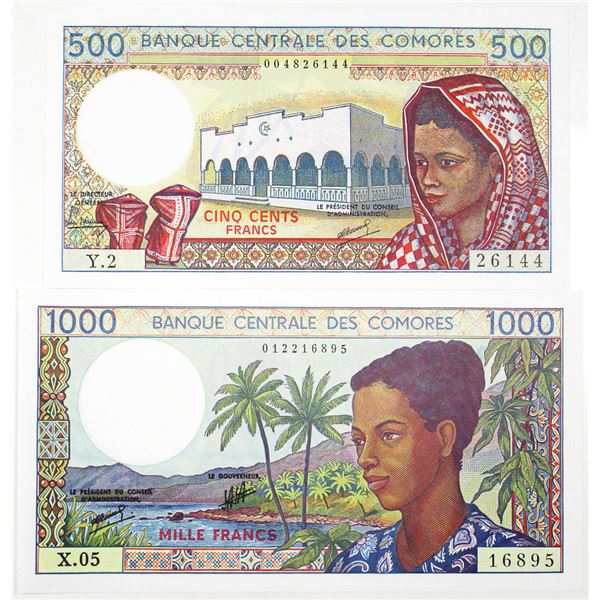 Banque Central des Comores. ND (1984-2004). Lot of 2 Issued Notes.