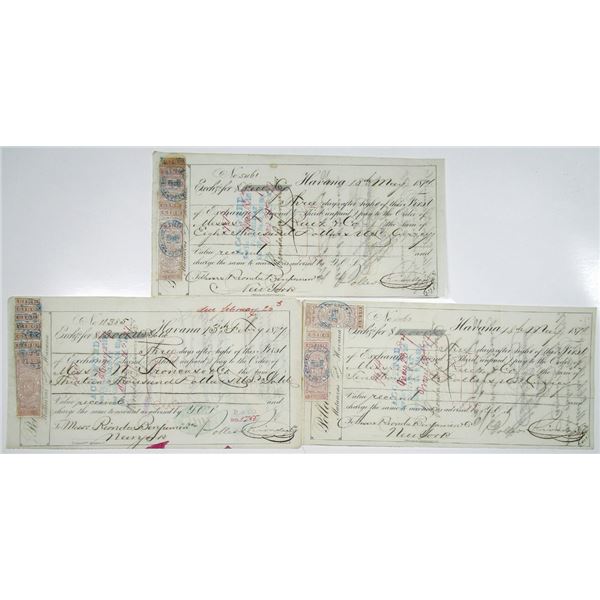 Cuba, 1870's Rionda Sugar Baron Bills of Exchange to New York With Cuban Revenue Stamps Trio.