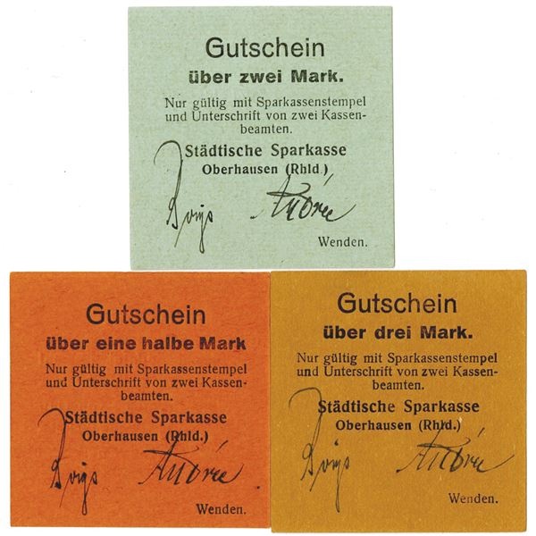 Stadtische Sparkasse, Oberhausen, (Rhld.). ND (ca. 1917-1918). Lot of 3 Issued Notgeld Emergency Not