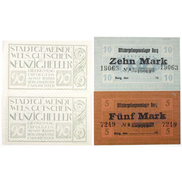 Officer POW Camp in Burg & Town of Wels (Austria). ca. 1918-1921. Lot of 4 Issued Notes.