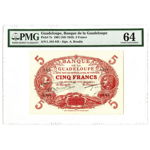 Banque de la Guadeloupe. 1901 (ND 1945). Issued Note.