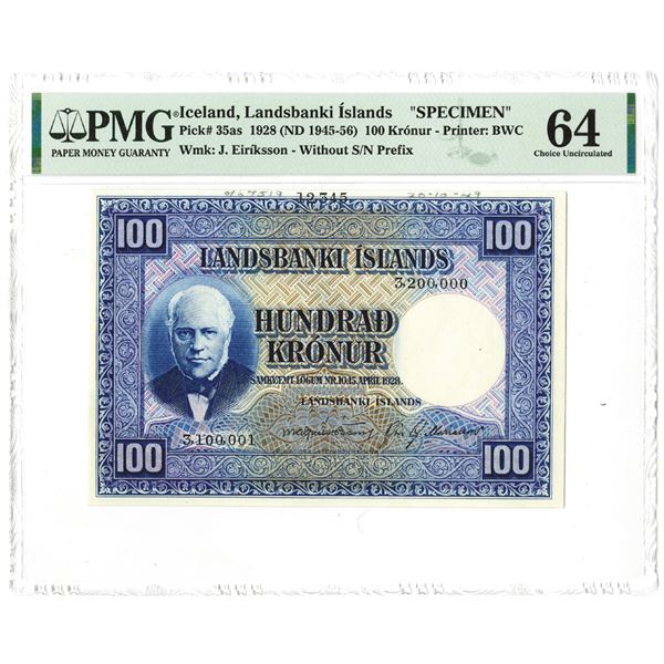 Landsbanki slands. 1928 (ND 1945-1956). Specimen Note.