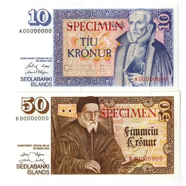 Landsbanki slands. L.1961 (1981). Lot of 2 Specimen Notes.
