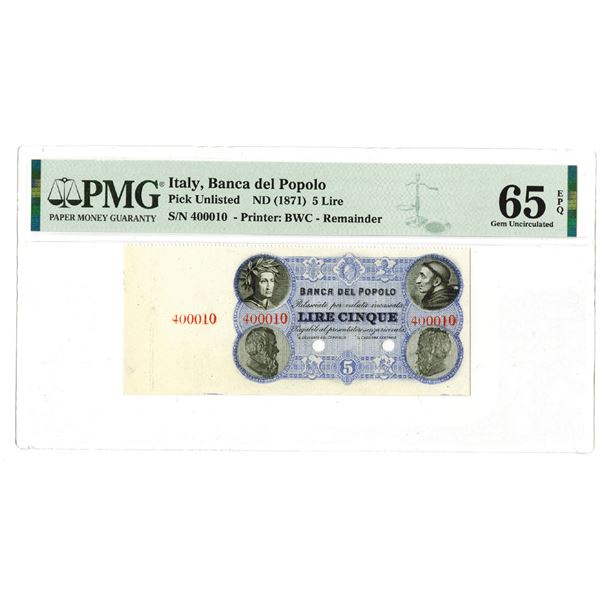 Banca del Popolo. ND (1871). Unlisted Denomination Remainder (Specimen) Banknote from BWC Archives.
