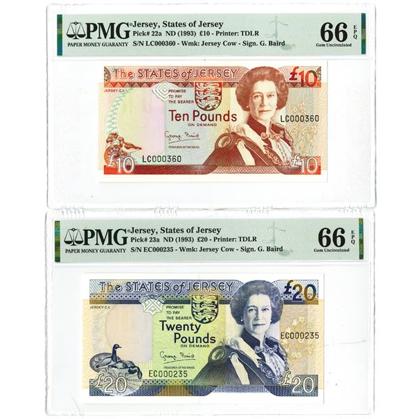 States of Jersey. ND (1993). Lot of 2 Issued High Grade and Low Serial Number Banknote Pair.