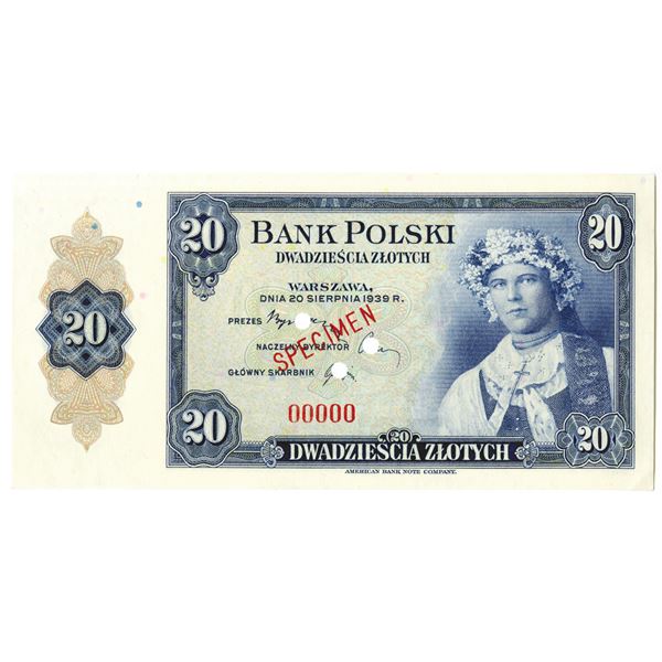 Bank Polski. 1939. 20 Zlotych, Specimen Banknote.