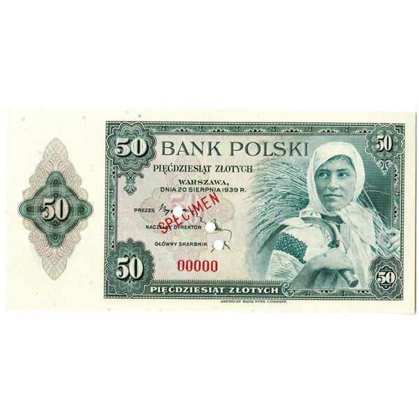 Bank Polski. 1939. 50 Zlotych, Specimen Banknote.