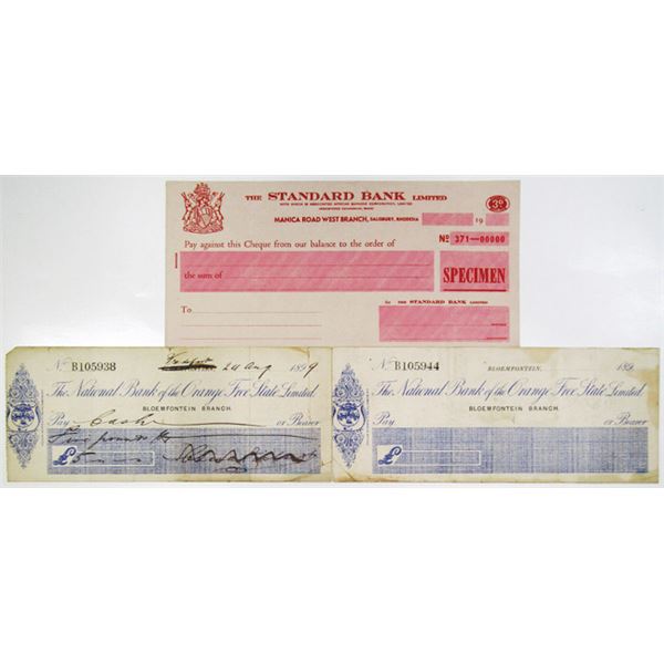 Rhodesia & South Africa Bank Check Trio, ca. 1899-1930s