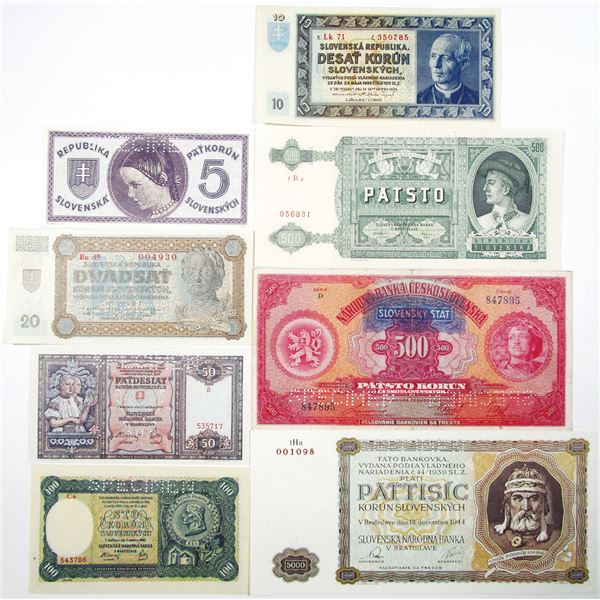Slovenska Narodna Banka & Republika Slovenska. 1939-1944. Lot of 8 Specimen Notes.