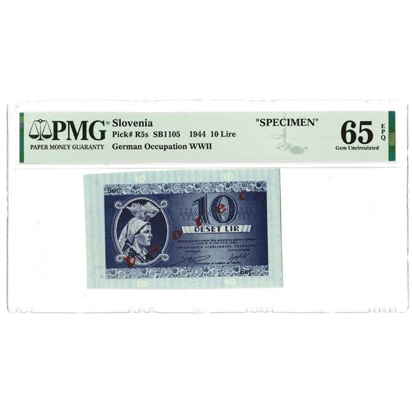 Treasury of the Ljubljana Region. 1944. 10 Lire, Specimen Note.