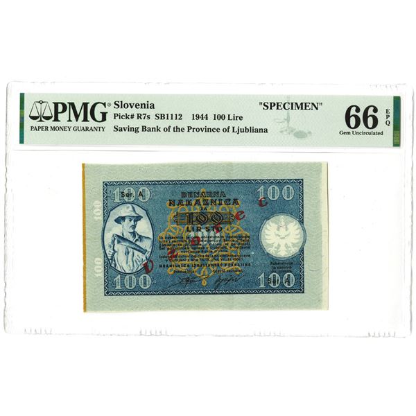 Treasury of the Ljubljana Region. 1944. 100 Lire, "Top Pop" Specimen Note.
