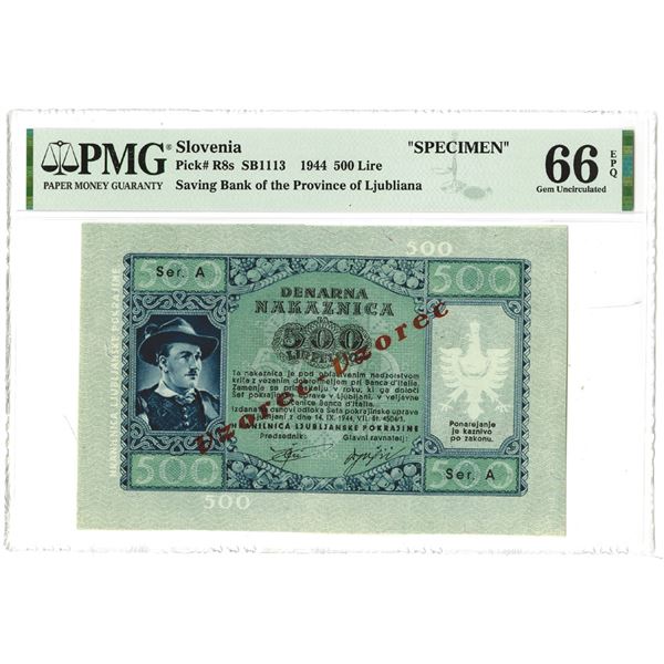 Treasury of the Ljubljana Region. 1944. 500 Lire, Specimen Note.