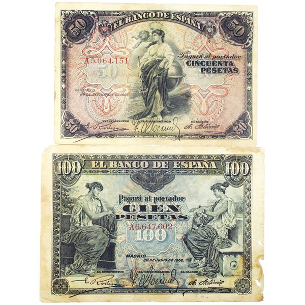 Banco de EspaÐa. 1906. Lot of 2 Issued Notes.