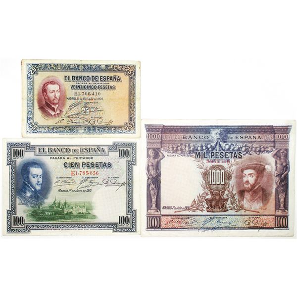 Banco de EspaÐa. 1925-1926. Lot of 3 Issued Notes.