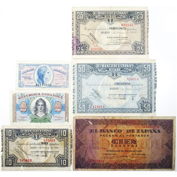 Banco de EspaÐa and Ministerio de Hacienda. 1937-1938. Lot of 6 Issued Notes.