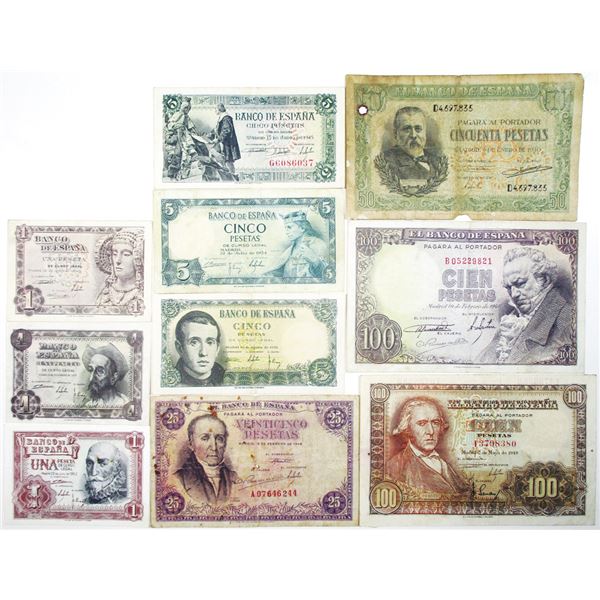Banco de EspaÐa. 1940-1954. Lot of 10 Issued Notes.