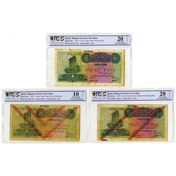 Banque De Syrie et du Liban, 1939 Issue Banknote Trio.
