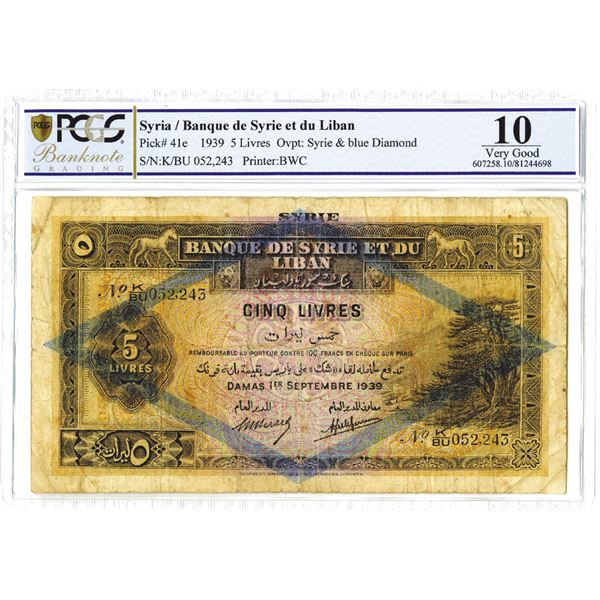 Banque De Syrie et du Liban, 1939 Issue Banknote.