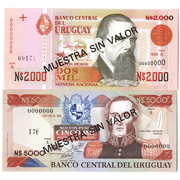 Banco Central del Uruguay. 1983-1989. Lot of 2 Specimen Notes.