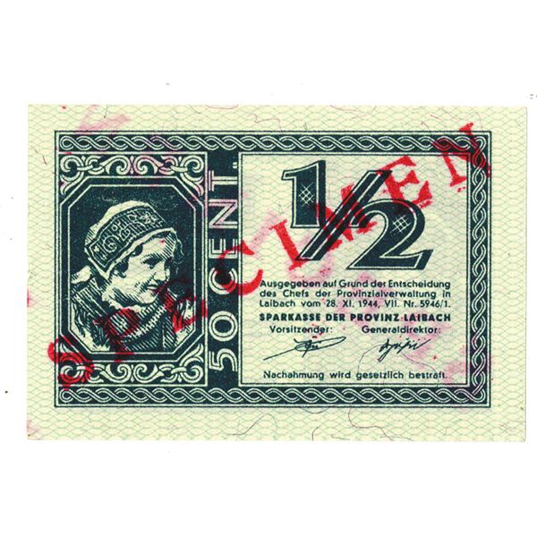 Sparkasse der Provinz Laibach. 1944. 50 Cents Specimen Note.