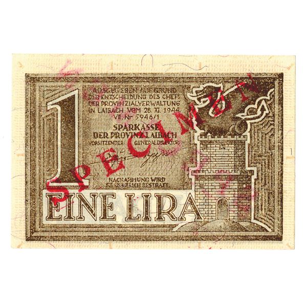 Sparkasse der Provinz Laibach. 1944. 1 Lira Specimen Note.