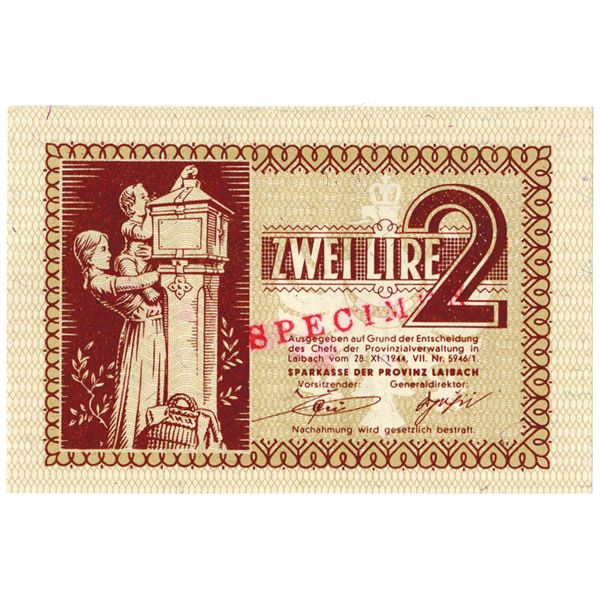 Sparkasse der Provinz Laibach. 1944. 2 Lira Specimen Note.
