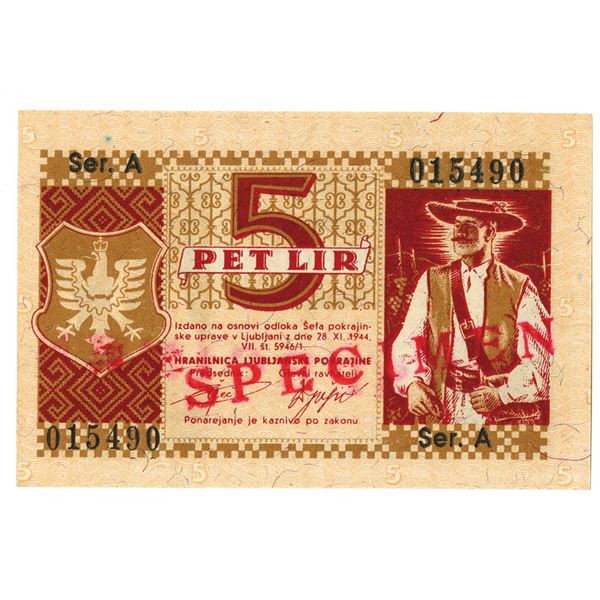 Sparkasse der Provinz Laibach. 1944. 5 Lira Specimen Note.