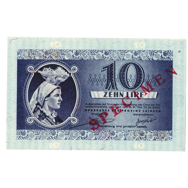 Sparkasse der Provinz Laibach. 1944. 10 Lira Specimen Note.