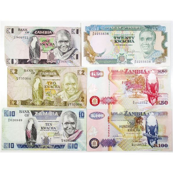 Bank of Zambia. 1980-1992. Lot of 6 Issued Notes.
