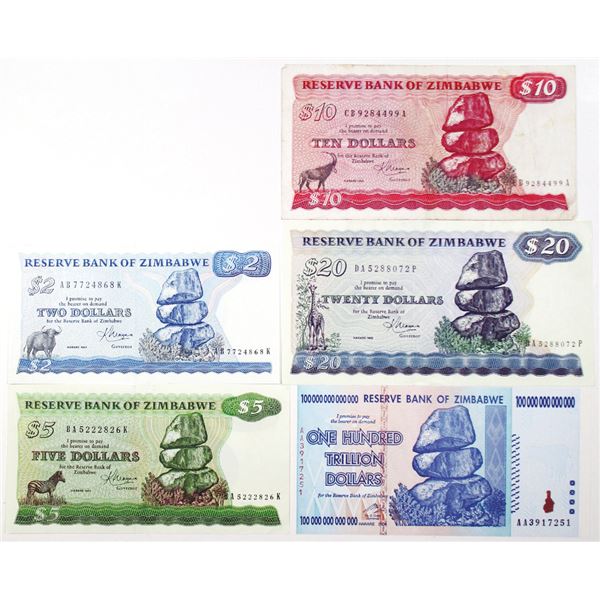 Reserve Bank of Zimbabwe. 1983-2008. Lot of 5 Issued Notes.