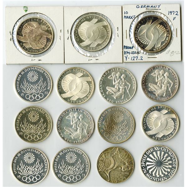 Munich, 1972 Olympics, German Silver Coins Assorted Group of 33 Pieces (10 Ounces Silver)