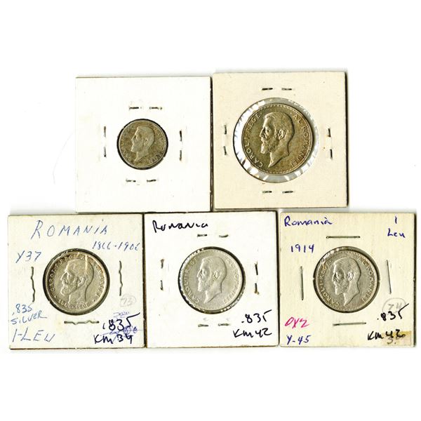 Romania Quintet of Silver Coins, 1906-1914
