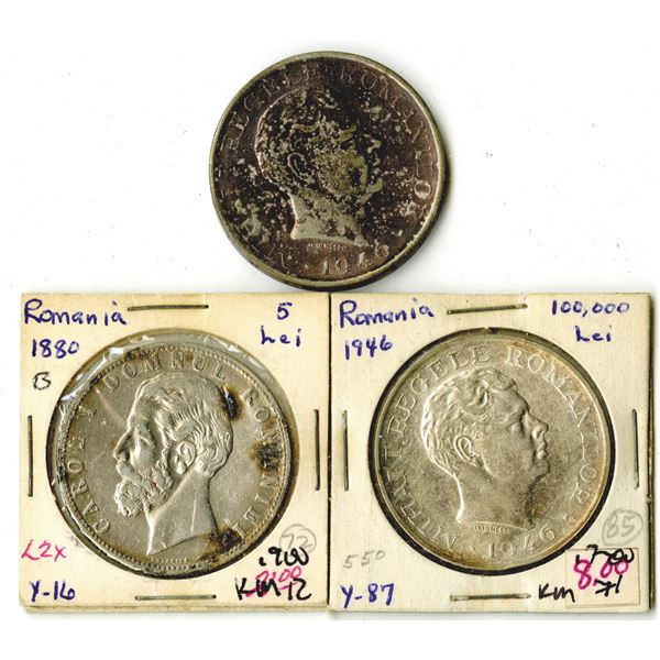 Romania Trio of Silver Coins, ca. 1880-1946