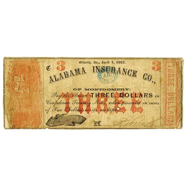 Alabama Insurance Co. of Montgomery, 1862 $3 Banknote