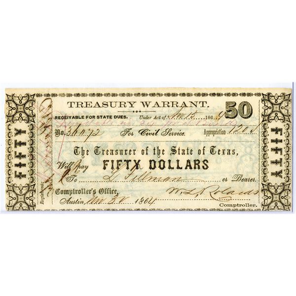 Treasurer of the State of Texas, 1864, Obsolete Scrip Note