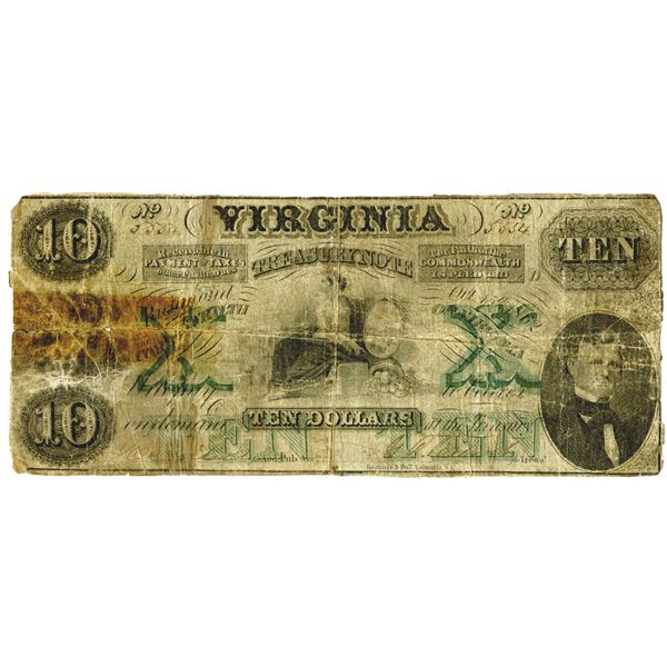 Virginia Treasury Note, 1862, $10, Pasted to back of 1861 $10 Bank of Philippi Note