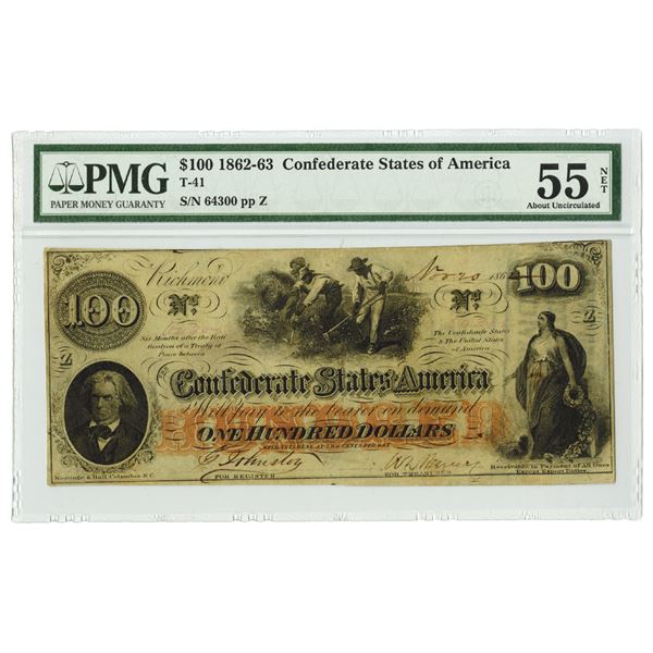 C.S.A., 1862-63, $100, T-41, PMG AU 55.