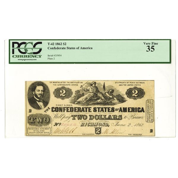 C.S.A., 1862, $2, T-42, PCGS VF 35.