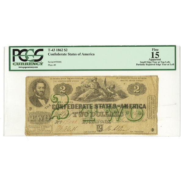 C.S.A., 1862, $2, T-43, PCGS Fine 15.