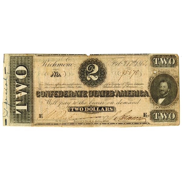C.S.A., 1864, $2, Confederate Treasury Note with Poem