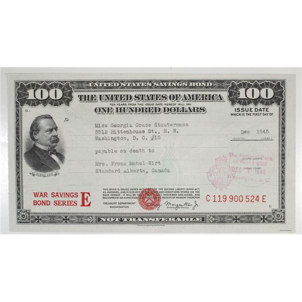 United States War Savings Bond, Issued 1945, Small Size Issued on the 4 Year Anniversary of Pearl Ha