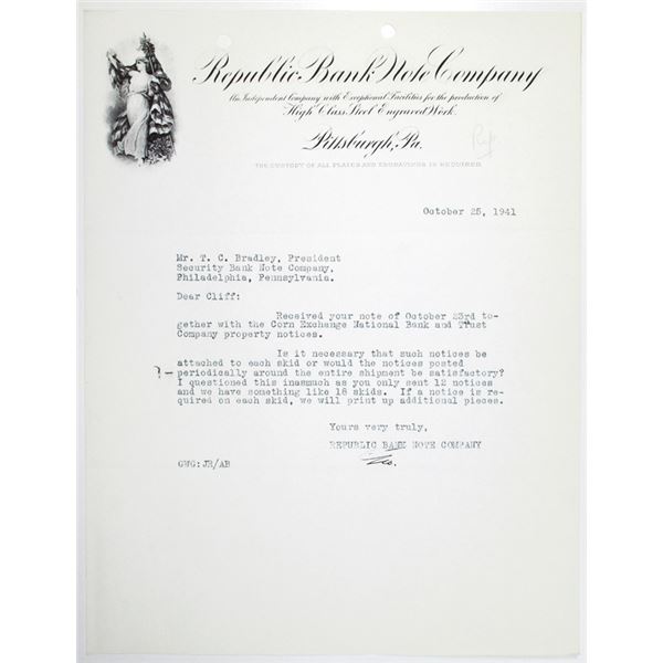 Republic Bank Note Co. 1941 Ornate Letterhead with Typewritten Correspondence