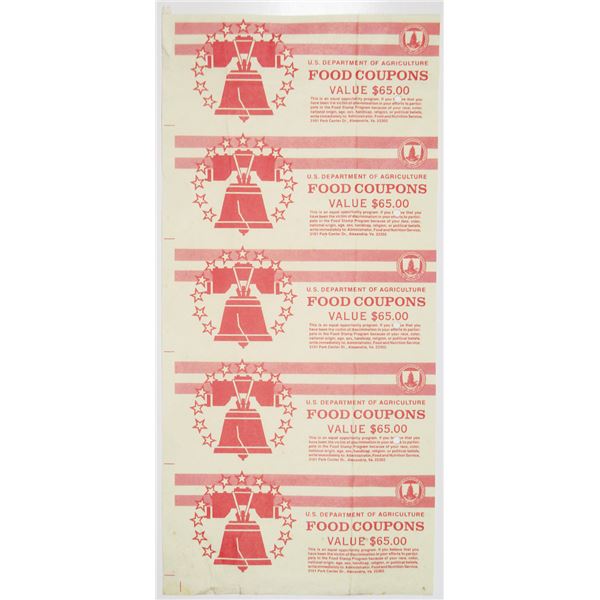 U.S. Department of Agriculture Uncut Specimen Quintet of Food Coupon Covers ca.1960-70's.
