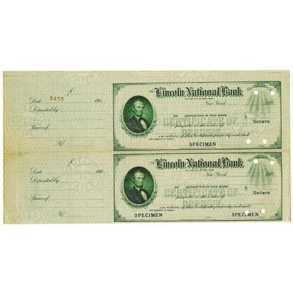 Lincoln National Bank, 1920's Uncut Specimen Check Pair