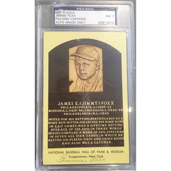 Jimmie Foxx Autographed Yellow Hall of Fame Postcard Signed on the Front. PSA/DNA Encapsulated and G