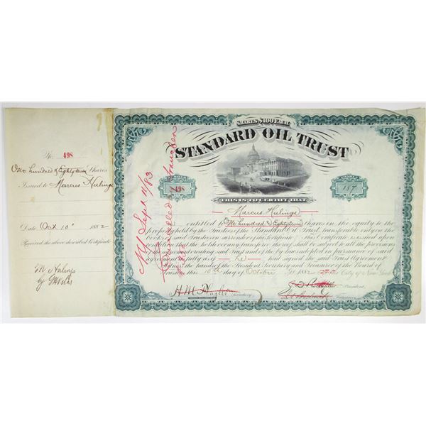 Standard Oil Trust 1882 I/C Stock Certificate #498 Signed by John D. Rockefeller, Henry M. Flagler, 