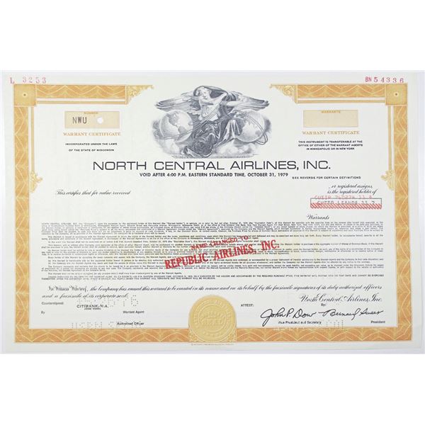 North Central Airlines, Inc. (Name Changed to Republic Airlines) 1976 Specimen Warrant Certificate