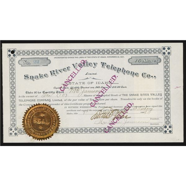 Snake River Valley Telephone Co., Ltd., 1899 I/C Stock Certificate.