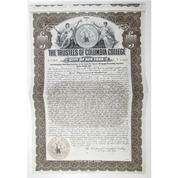 Trustees of Columbia College in the City of New York 1909 Unissued Bond